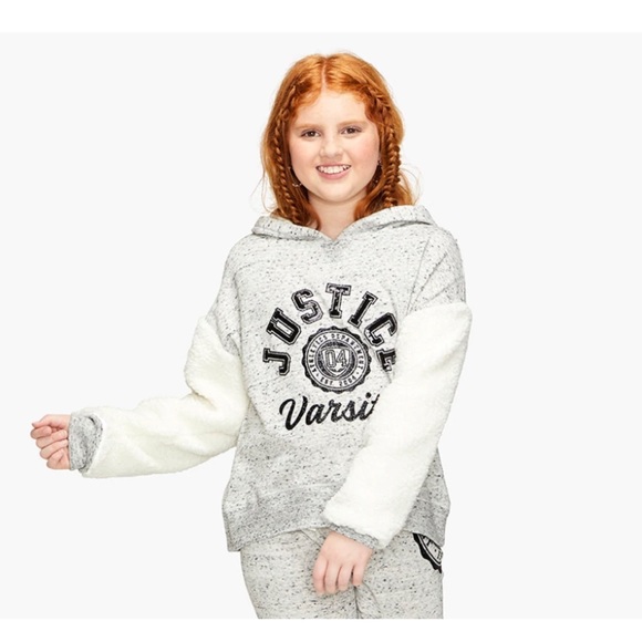 NEW JUSTICE LOGO SHERPA SLEEVE HOODIE - Picture 1 of 2